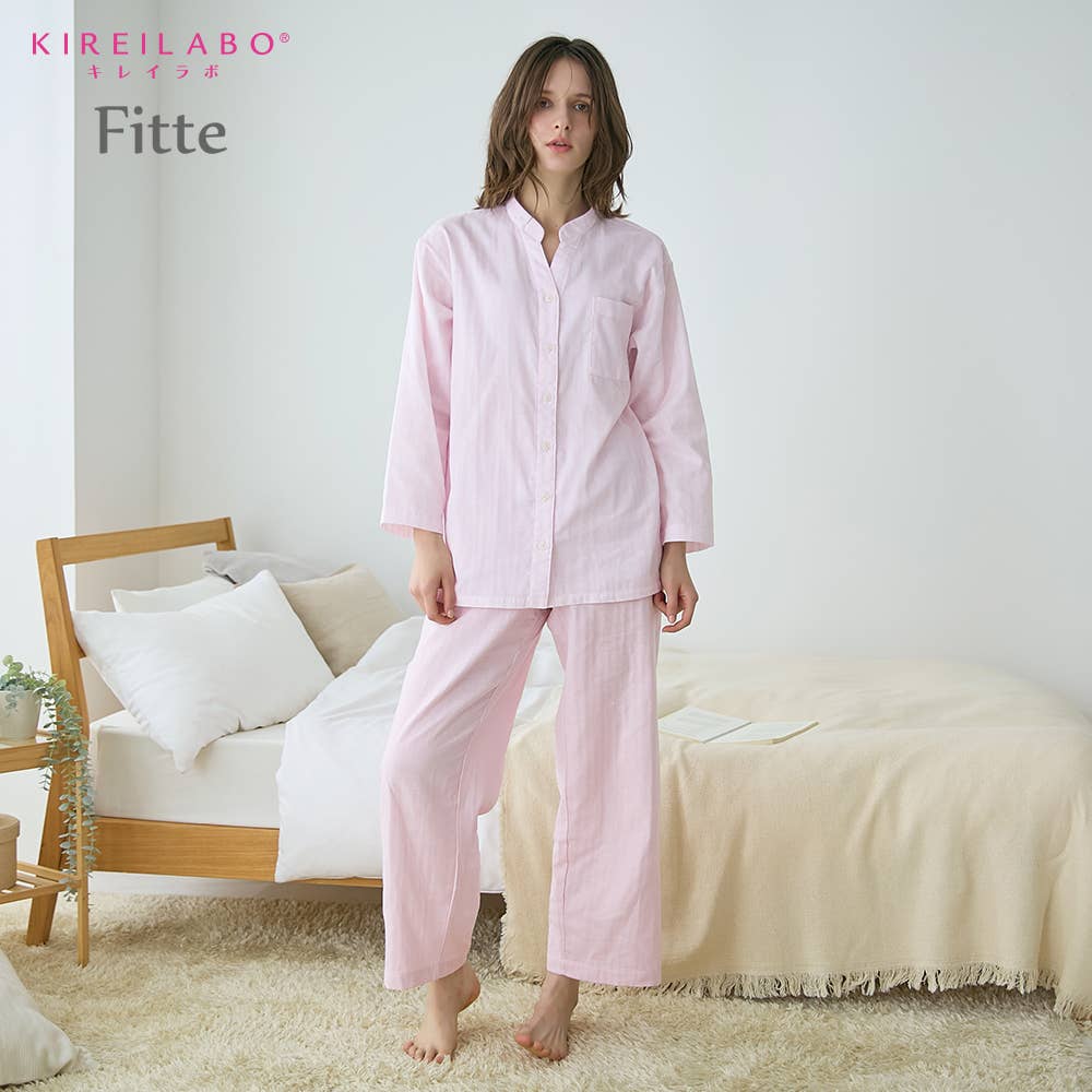 【Fitte（綿100%）】 ダブルガーゼ 長袖長パンツ ノーカラーパジャマ